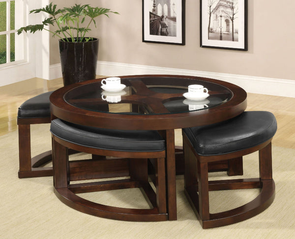 Furniture Of America Crystal Cove Dark Walnut Transitional Round Coffee Table With 4 Stools Model CM4321C - MONAVILLA