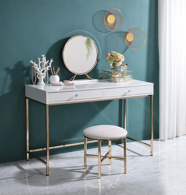 ACME Ottey White High Gloss & Gold Finish Vanity Desk Model AC00899 - MONAVILLA