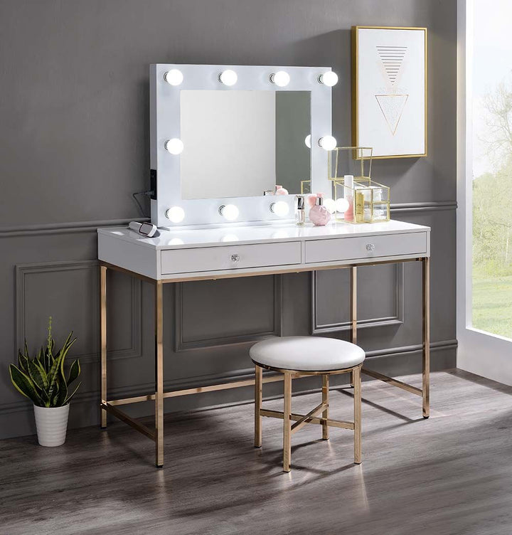 ACME Ottey White High Gloss & Gold Finish Vanity Desk Model AC00899 - MONAVILLA