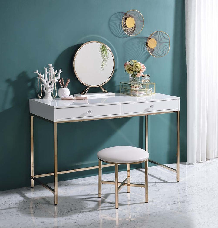 ACME Ottey White High Gloss & Gold Finish Vanity Desk Model AC00899 - MONAVILLA