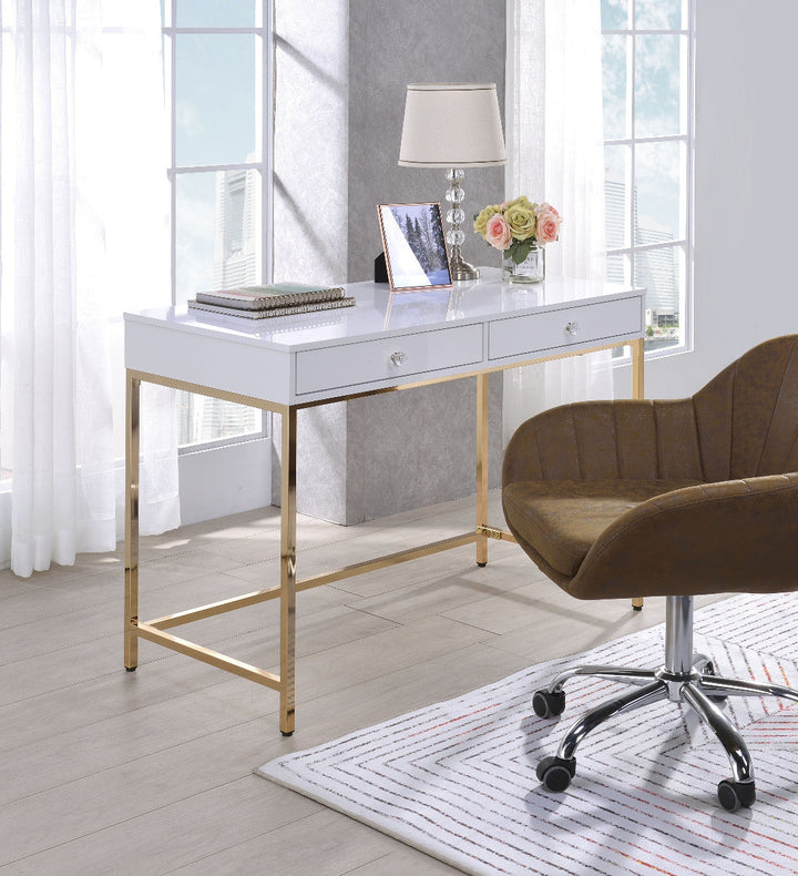 ACME Ottey White High Gloss & Gold Finish Vanity Desk Model AC00899 - MONAVILLA