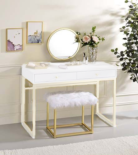 ACME Adao Faux Fur, Mirror, White & Brass Finish Vanity Mirror Model AC00932 - MONAVILLA