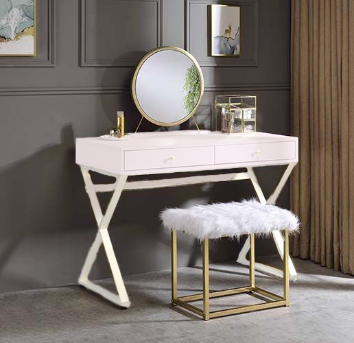ACME Adao Faux Fur, Mirror, Pink & Gold Finish Vanity Mirror Model AC00934 - MONAVILLA