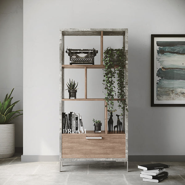 Nova Domus Boston Modern Brown Oak & Faux Concrete Bookcase Grey Shelf Unit SKU VGANBOSTON-BC Product ID: 75561