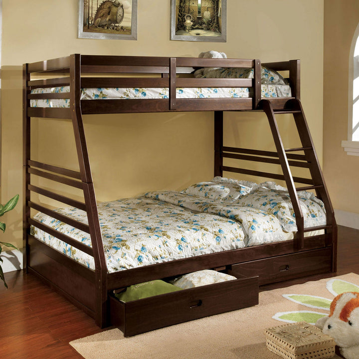 Furniture Of America California Dark Walnut Transitional Twin Full Bunk Bed With 2 Drawers Model CM-BK588EX-BED - MONAVILLA