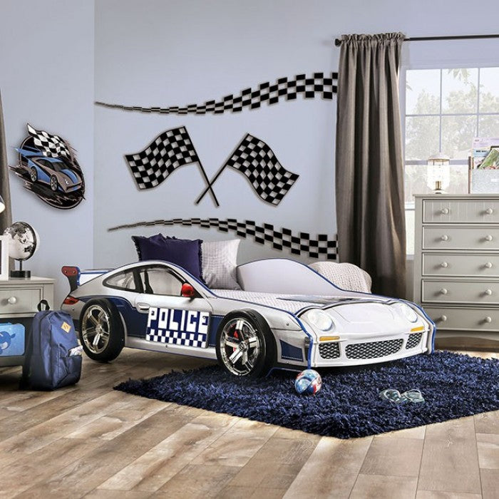 Furniture Of America Police Car Blue/White Novelty Twin Bed, Blue Model CM7640-BED - MONAVILLA