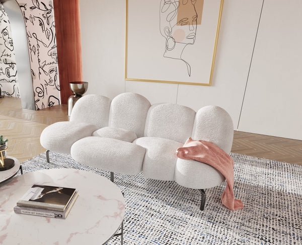 Divani Casa Glaster Contemporary White Sherpa 88" Bubble Sofa - MONAVILLA