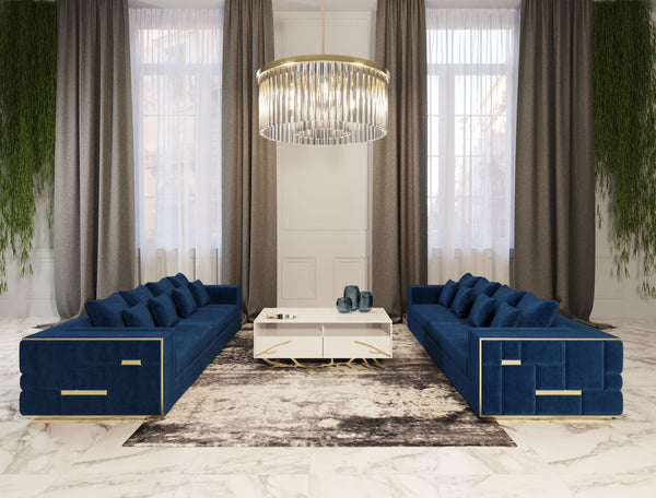 Divani Casa Mobray Glam Blue & Gold Fabric Sofa - MONAVILLA