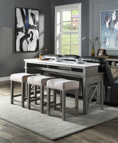 ACME Wandella Beige Fabric, Marble & Weathered Gray Finish Dining Table Model DN00088 - MONAVILLA