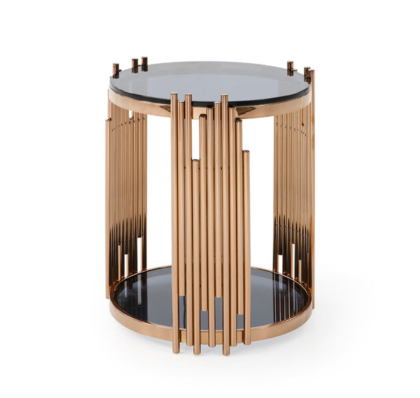 Modrest Bryce Modern Smoked Glass & Rosegold Round End Table - MONAVILLA