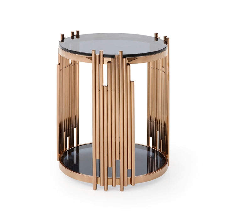 Modrest Bryce Modern Smoked Glass & Rosegold Round End Table - MONAVILLA