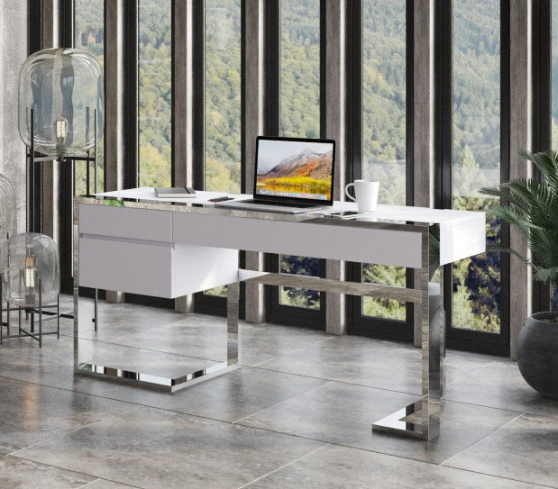 Modrest Fauna Modern White High Gloss & Stainless Steel Desk - MONAVILLA