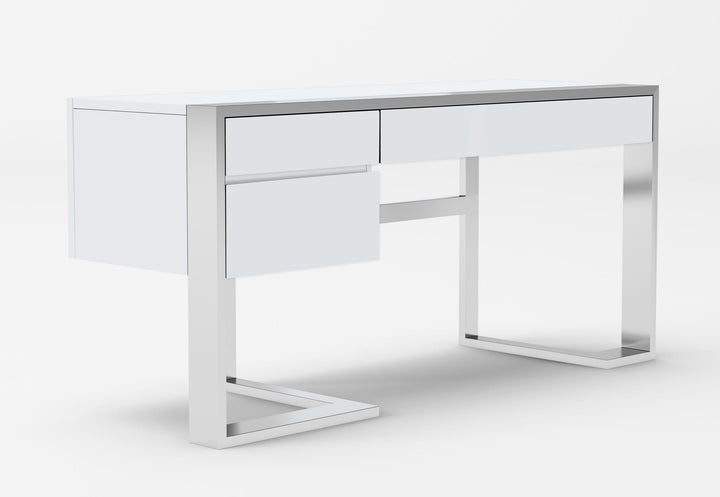 Modrest Fauna Modern White High Gloss & Stainless Steel Desk - MONAVILLA