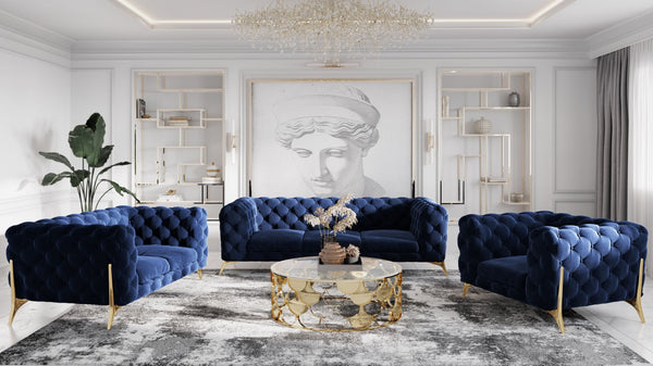 Divani Casa Sheila Modern Dark Blue Fabric Sofa Set - MONAVILLA