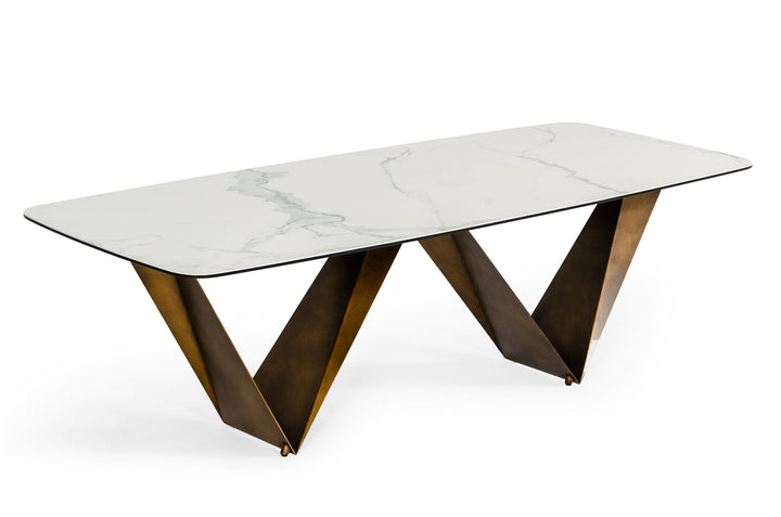 Modrest Melanie Modern White Ceramic & Brushed Brown Dining Table - MONAVILLA