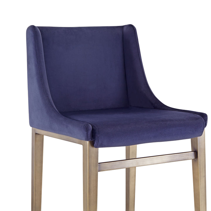 Modrest Mimi Contemporary Blue Velvet & Antique Brass Bar Stool (Set of 2) - MONAVILLA