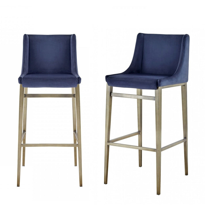 Modrest Mimi Contemporary Blue Velvet & Antique Brass Bar Stool (Set of 2) - MONAVILLA