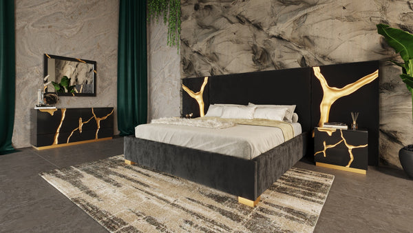 Modrest Aspen Eastern King Glam Black Velvet & Gold Bed - MONAVILLA