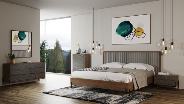 Nova Domus Metcalf Mid Century Walnut & Grey Bed with Two Nightstands - MONAVILLA