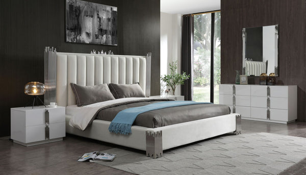Queen Modrest Token Modern White & Stainless Steel Bedroom Set - MONAVILLA