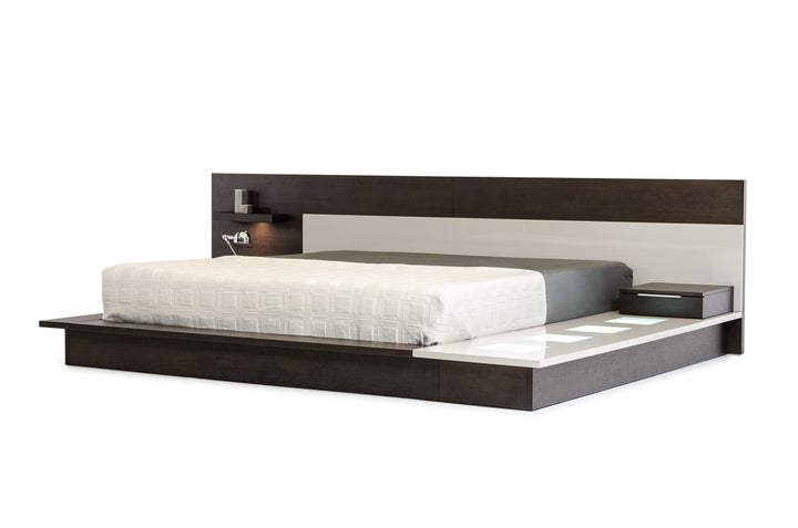 Queen Modrest Torino Contemporary Brown Oak & Grey Platform Bed With Lights - MONAVILLA