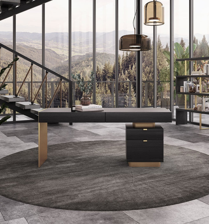 Modrest Trahan Modern Grey Elm & Gold Office Desk - MONAVILLA